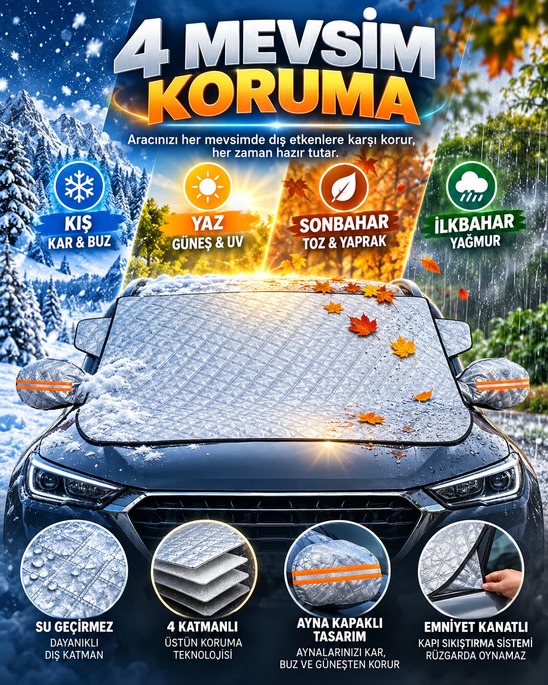 Dört mevsim koruma: kar, güneş, yaprak, yağmur